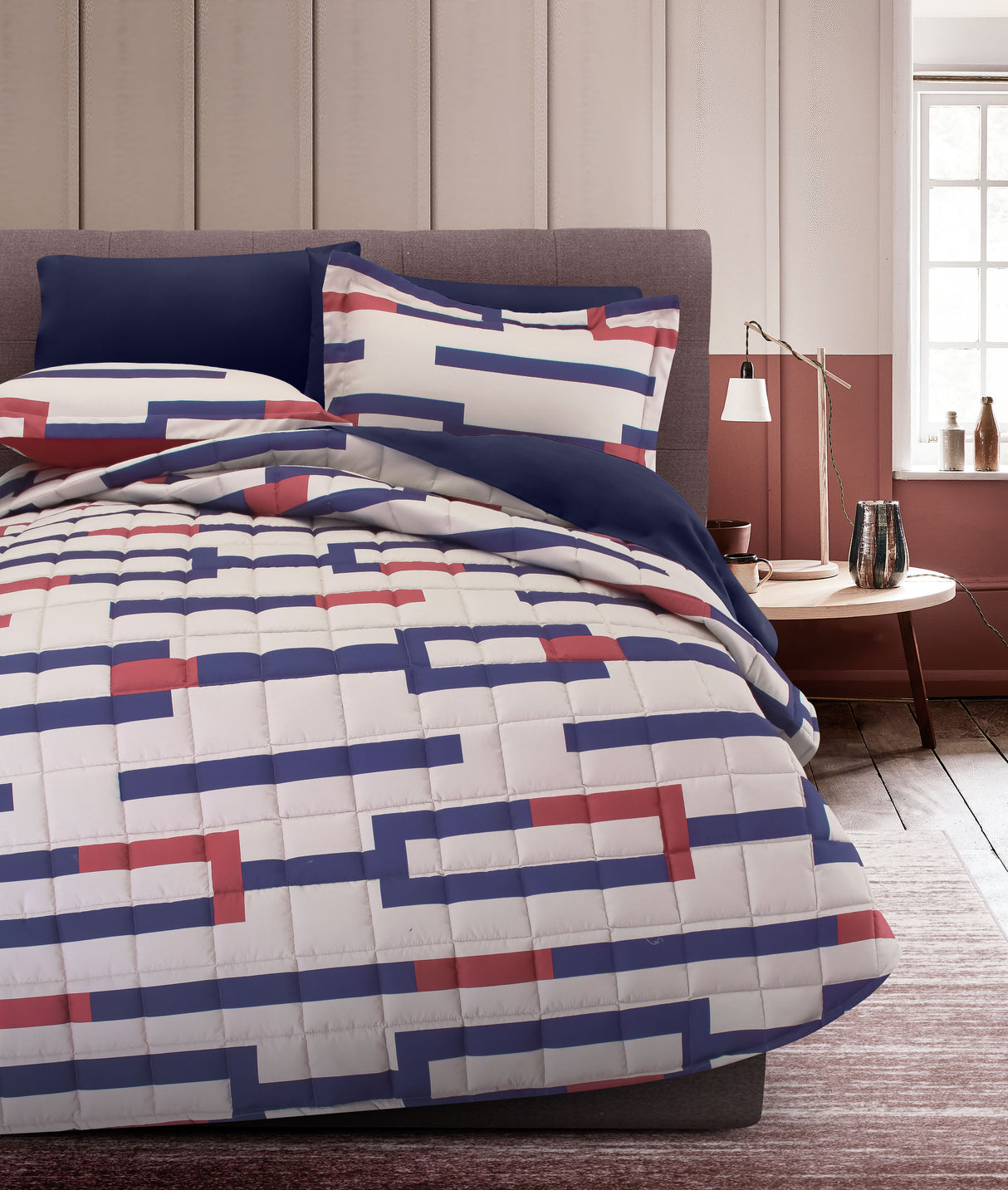 Coordinado Italo Azul | Colcha y Fundas decorativas | Microfibra Ultrasuave