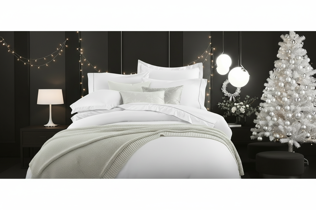 Banner landscape navideño con ropa de cama blanca