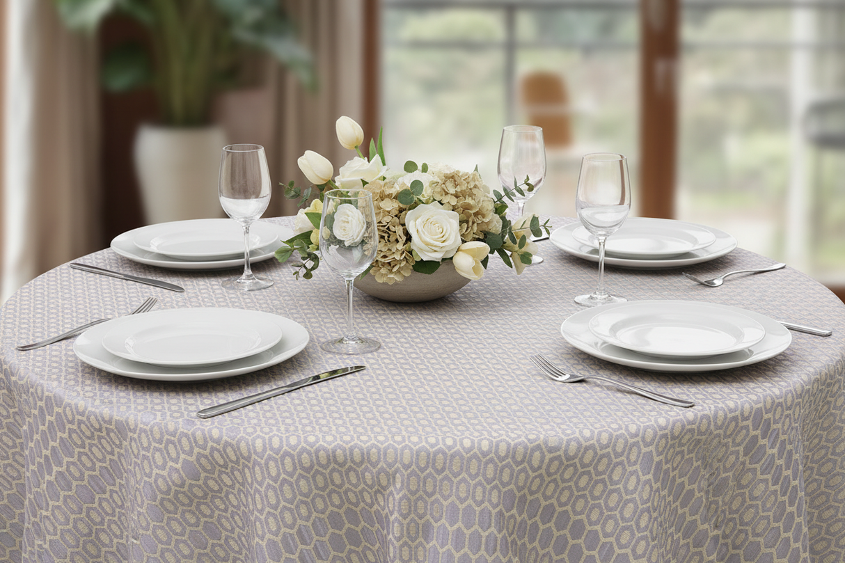 Mesa circular con mantel Firas emplatada