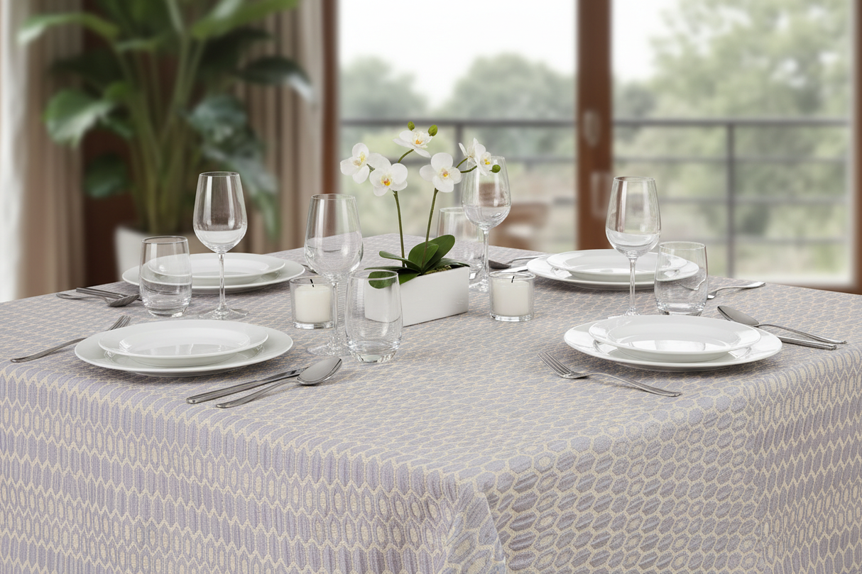 Mesa cuadrada con mantel Firas emplatada
