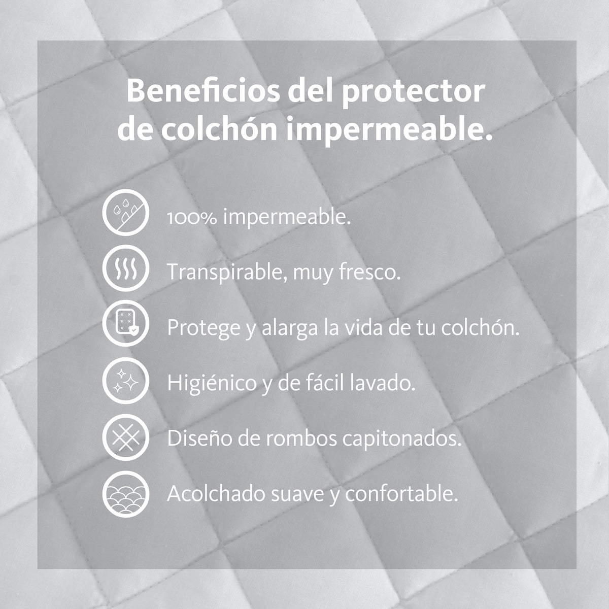 Protector de colchón Queen | Tejido percal de 200 hilos Capitonado | 50% algodón, 50% poliéster.