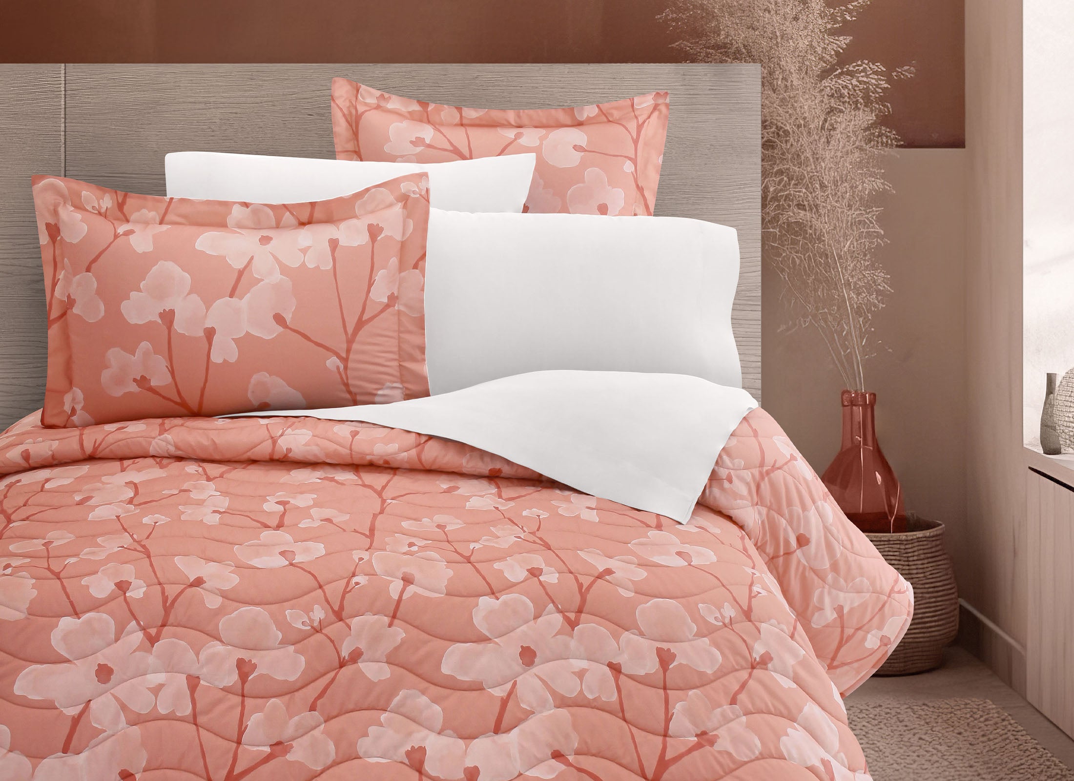 Coordinado Cindel Coral | Colcha y Fundas decorativas | 100% Algodón