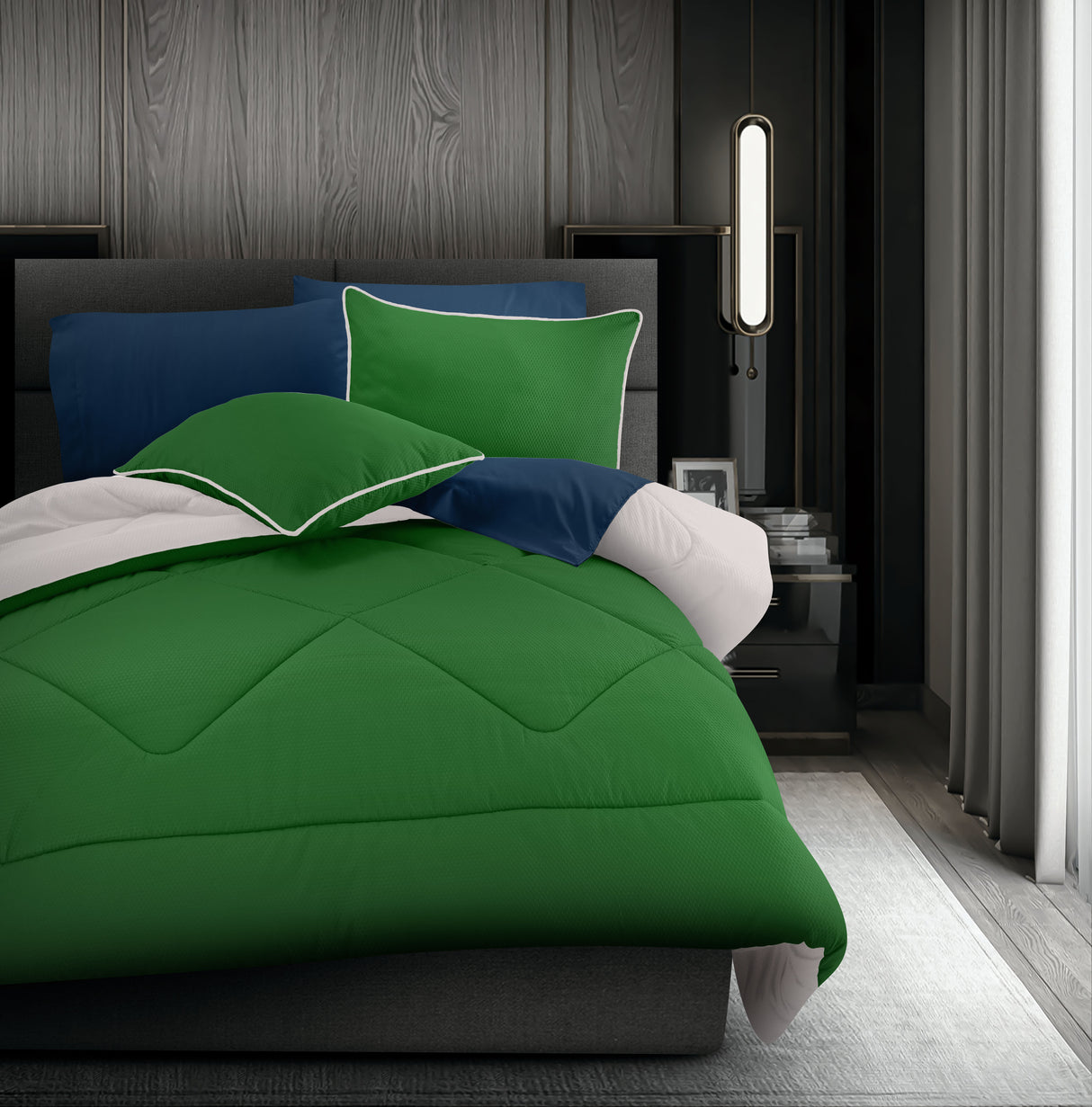 Coordinado Individual Folco Verde - Gris Yeso | Edredón y funda decorativa | Microfibra ultrasuave*