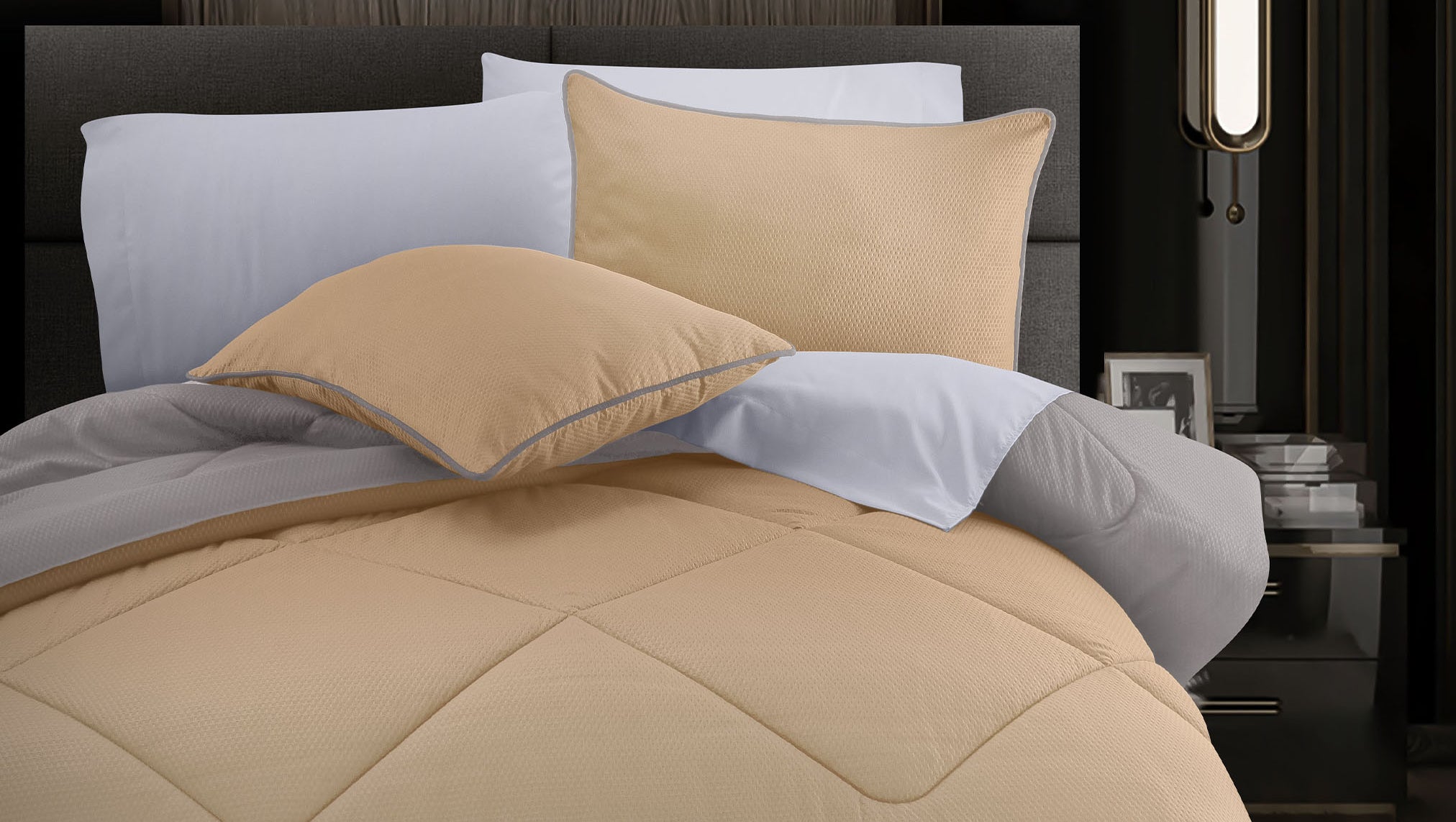 Edredón Folco Latte tallas de Edredón matrimonial, King size, Individual y Queen size. El descanso que mereces con Edredones Dalfiori de Microfibra 
