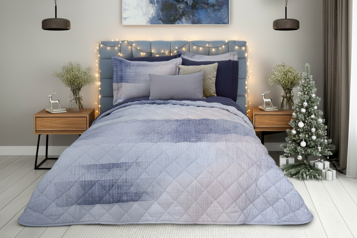 Banner horizontal navideño con colcha azul