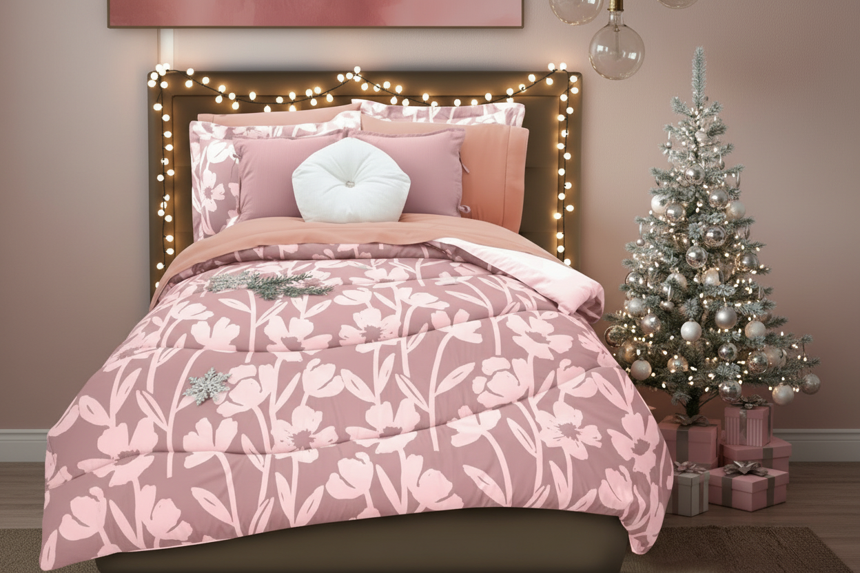 Banner horizontal navideño con ropa de cama rosa