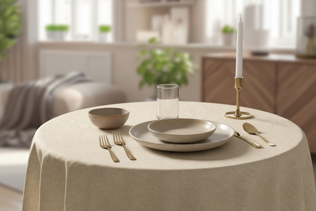 Mantel con vajilla artesanal